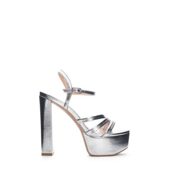 CHINESE Laundry New "Amella" Ankle Strap Silver Platform Sandal Heel - Picture 1 of 10